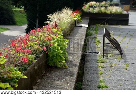 On The Edge Of The Elevated Terrace Overlooking The Park Is A Concrete Long Flowerpot With A Concret