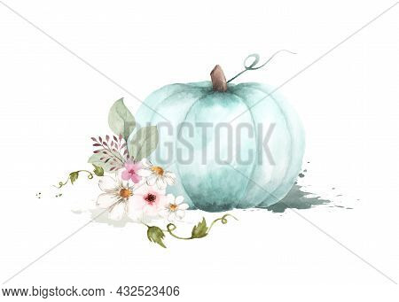 Autumn Watercolor Illustration With Pumpkins And Flowers Leaves Isolated On White Background. Waterc