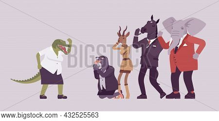Animal Crocodile Attacking In Anger Elephant, Roe, Gull And Horse. Workers And Crying Business Femal