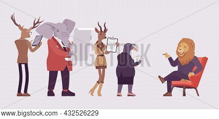 Animals, Deer, Elephant, Roe, Gull Bird Reporting Before Lion Boss. Workers And Strong Business Male