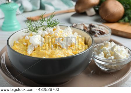Delicious Traditional Banosh Served On White Wooden Table