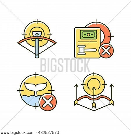 Hunting Provisions And Restrictions Rgb Color Icons Set. Archery. Bow And Crossbow. Illegal Whaling.