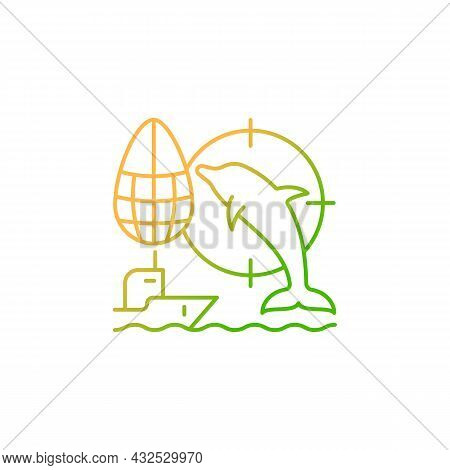 Dolphin Drive Hunting Gradient Linear Vector Icon. Drive Dolphins With Boat To Shore And Kill. Fishi