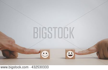 Customer Service Evaluation And Satisfaction Survey Service Rating Concepts.hand Choose Wooden Cube 