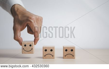Customer Service Evaluation And Satisfaction Survey Service Rating Concepts.hand Choose Wooden Cube 