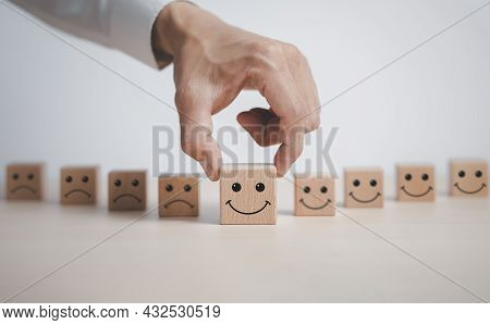 Customer Service Evaluation And Satisfaction Survey Service Rating Concepts.hand Choose Wooden Cube 