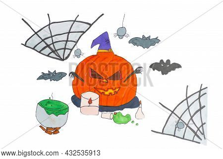 Halloween Cute Pumpkin . Hand Drawn Illustration. Spider Web And Flittermouse. Child's Drawing Of A 