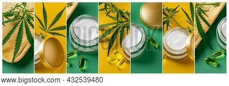 Collage Of Hemp Cosmetic Cream In A Glass Jar, Cannabis Sativa Green Leaves And Cbd Oil Capcules Aga