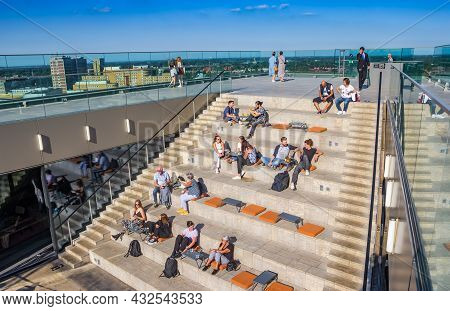 Groningen, Netherlands - September 05, 2021: People Enjoying The Summer Sun On Top Of The Forum Buil