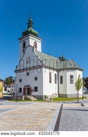 Historic White Church On The Market Square Of Volary, Czech Republic