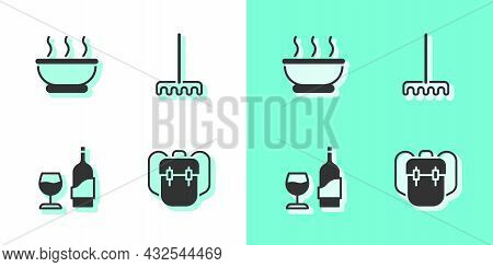 Set School Backpack, Bowl Of Hot Soup, Wine Bottle With Glass And Garden Rake Icon. Vector