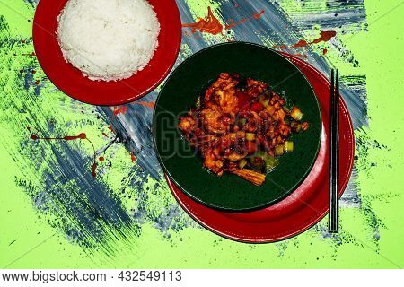 Takeout Chinese Kung Pao Chicken With Peanuts And Mixed Vegetables And White Rice