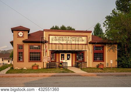 Rosebud, Alberta - July 23, 2021: Rosebud And District Centennial Museaum Facade In The Evening.