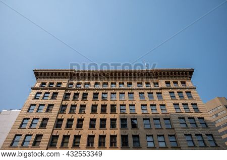 Edmonton, Alberta - July 30, 2021: Looking Up View Of Edmonton's Historic Downtown Office Buildings.