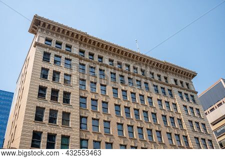 Edmonton, Alberta - July 30, 2021: Looking Up View Of Edmonton's Historic Downtown Office Buildings.