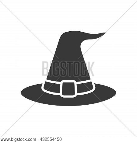 Halloween Witch Hat Icon. Black Wizard Hat Silhouette. Magic Cloth Element. Vector Isolated On White