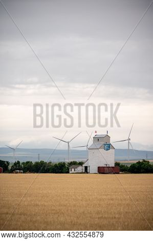 Pincher Creek, Alberta - August 21, 2021: Heritage Acres Museum's Old Ugg Grain Elevator.