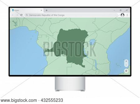 Computer Monitor With Map Of Dr Congo In Browser, Search For The Country Of Dr Congo On The Web Mapp