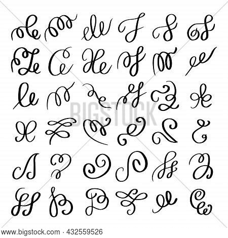 Set Of Hand Drawn Calligraphic Flourish Elements. Decorative Black Ink Swirls Collection