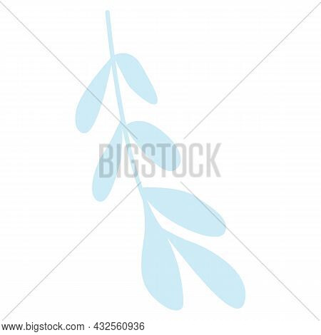 Hand Drawn Abstract Blue Branch With Leaves Isolated. Floral Element. Cartoon Style. Summer, Spring 