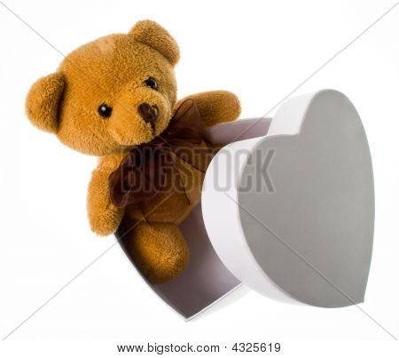 O urso de pelúcia da caixa de coração