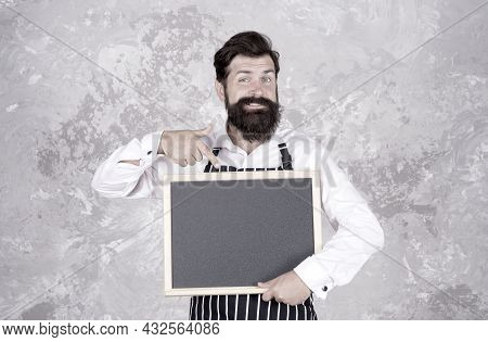 Looking Great. Best Cuisine Here. Welcome On Board. Brutal Man Hipster Hold Blackboard, Copy Space. 