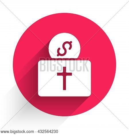 White Donation For Church Icon Isolated With Long Shadow. Red Circle Button. Vector