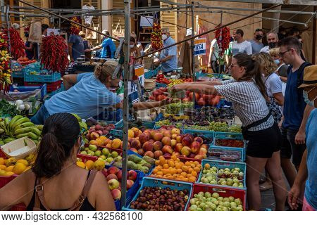 Sineu, Spain; September 08 2021: Weekly Street Market Of Food, Crafts And Animals In The Mallorcan T