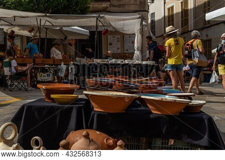 Sineu, Spain; September 08 2021: Weekly Street Market Of Food, Crafts And Animals In The Mallorcan T