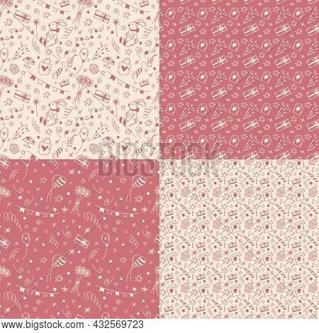 Set Of Vector Doodle Birthday Seamless Patterns In Pink And Champagne Colors. Cute Cartoon Vector Ba