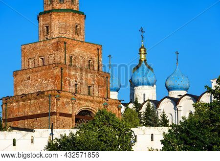 Kazan Kremlin In Summer, Tatarstan, Russia. It Is Top Tourist Attraction Of Kazan. Close View Of Suy