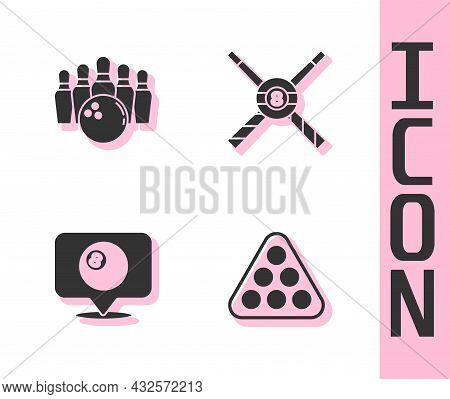 Set Billiard Balls In Rack Triangle, Bowling Pin And, Location With Billiard And Crossed Cues Icon. 