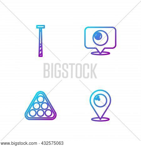 Set Line Location With Bowling Ball, Billiard Balls Rack Triangle, Cue And Billiard. Gradient Color 