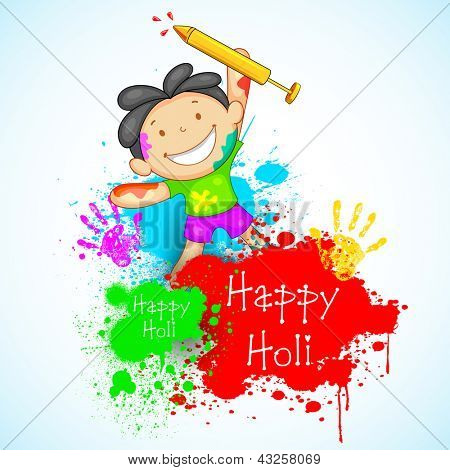 Illustrazione di bambini che giocano holi con colore e pichkari