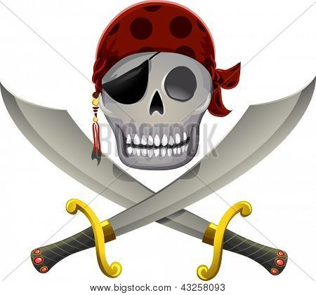 Ilustración de una calavera pirata descansando un poco por encima de un par de espadas