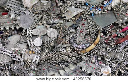 Women's Jewelry  At The Flea Market. Selective Focus
