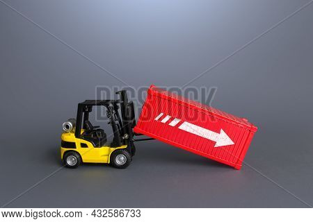 Forklift And Sea Ship Container. Data Analysis And Statistics Of Freight Traffic. Trade Balance, Imp