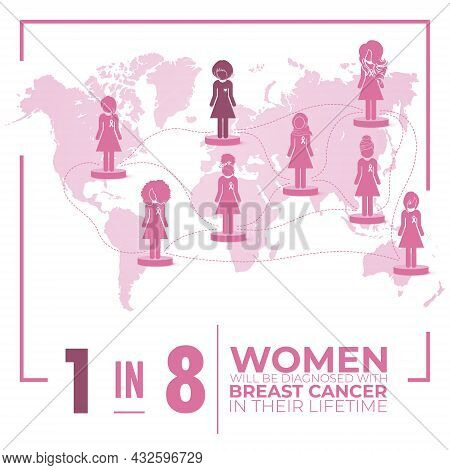 Breast Cancer Awareness Month Poster. The Women Were Diagnosed. World Pink Map.