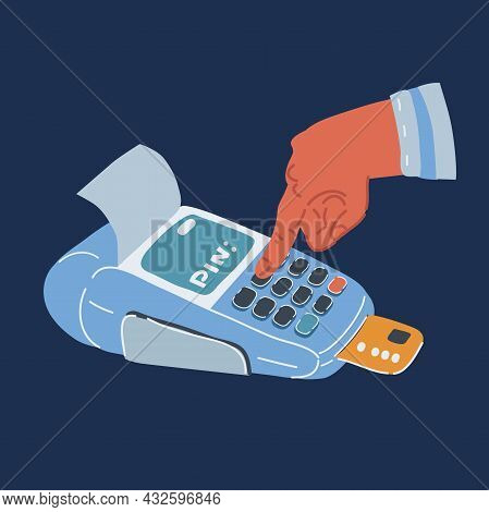 Vector Illustration Of Pos Terminal With Inserted Credit Card And Printed Reciept. Human Hand Push P