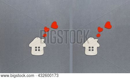 Toy Wooden Houses With Red Hearts Flying Out Of The Pipes. The Concept Of The World Of Love And Good