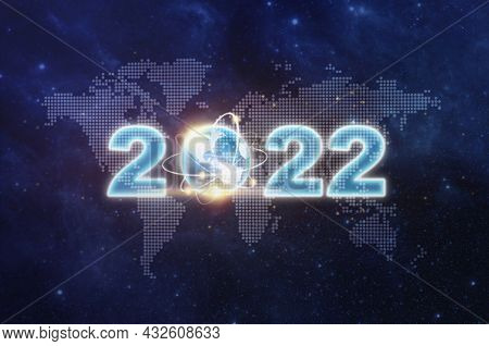Happy New Year 2022 Text Design On World Map, Star, Space. Happy New Year 2022 And Earth Sign Over W