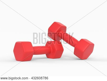 Fitness Dumbbells Pair. Two Red Color Rubber Or Plastic Coated Dumbbell Weights Isolated On White Ba