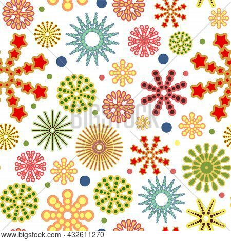 Festive Background. Square Seamless Pattern. Bright Flashes Of Fireworks In A Symbolic Style. Petard