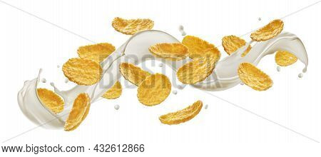 Falling Corn Flakes With Milk Splash Isolated On White Background