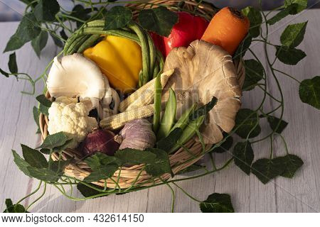 The Raw Ingredients For Making Chop Suey Or Chop Choy In A Rattan Basket. Chop Suey Is Stir Fried Mi