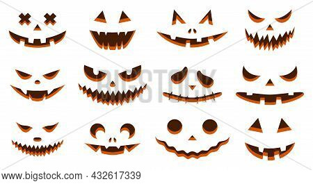 Funny Physiognomies. A Collection Of Halloween Pumpkins With Carved Silhouettes Of Faces Isolated On