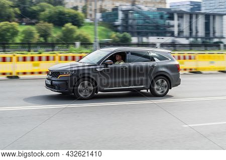 Fast Moving Black Kia Sorento Sx Awd On Highway Road. Overspeed In City Concept. Suv Car On City Roa