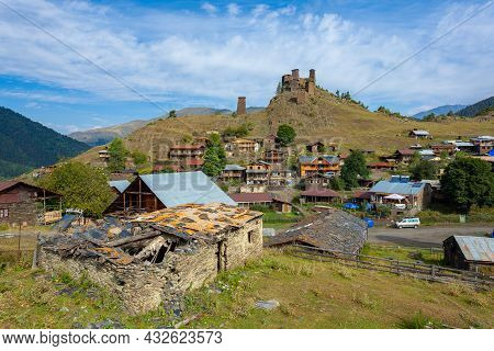 Tusheti, Georgia - 23 August, 2021: The Upper Omalo Village And The Fortress Keselo