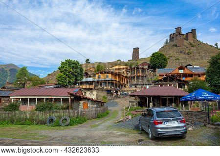 Tusheti, Georgia - 23 August, 2021: The Upper Omalo Village And The Fortress Keselo