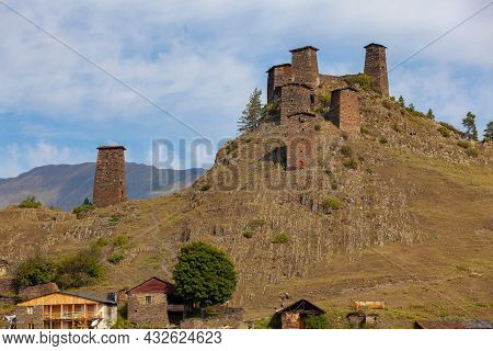 The Upper Omalo Village And The Fortress Keselo. Travel To The Georgia